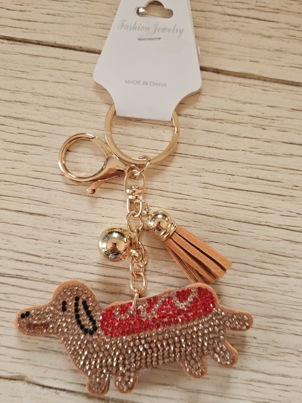 Dachshund Rhinestone Keychain Bag Charm Gold Tone Red Crystal NWT